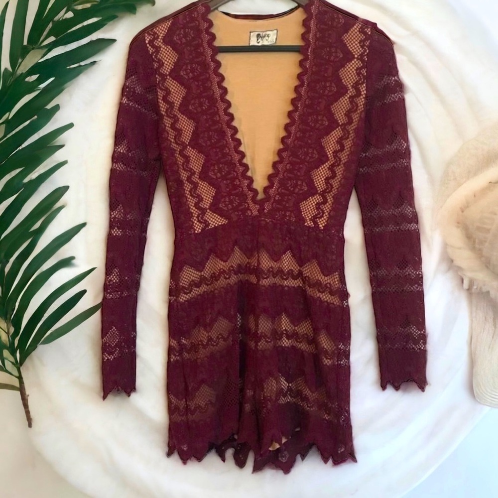 Nightcap Garnet Sierra Lace Plunging V Romper crochet stretch S